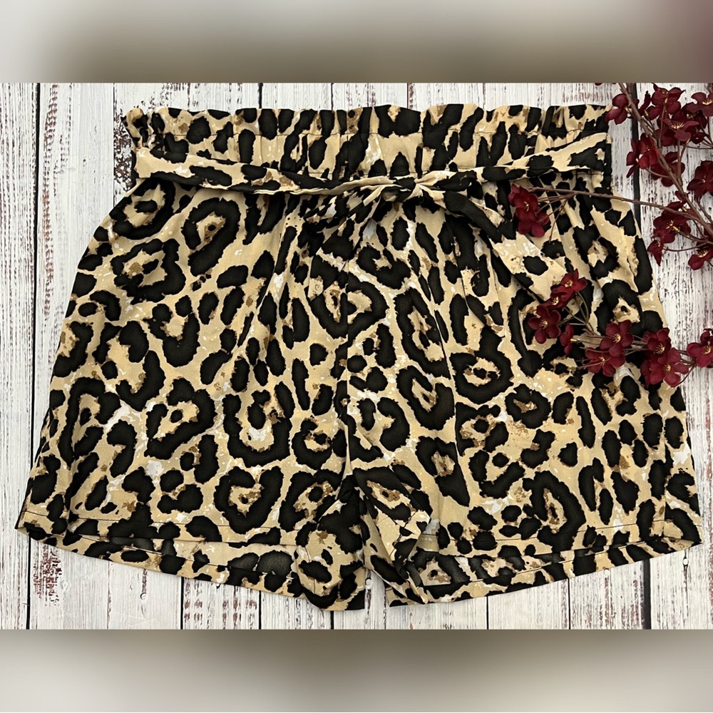 Women’s Sz 2XL Shein Curve Leopard Belted Stretch Waist Pull On PaperBag Shorts